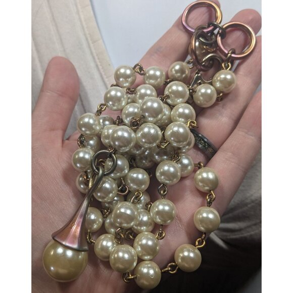 Vintage Korean EXP Faux Pearl Anodized Gold Tone Y Drop Necklace - Picture 7 of 7